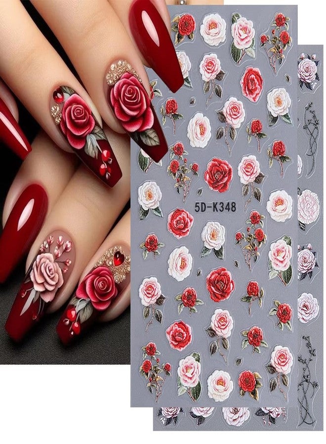 BSBTBZ Rose Nail Stickers - Embossed Flower Nail Art for Valentine's Day - Retro Design 5D Adhesive Stickers - Floral for Women's Manicure Decoration - 2Pcs - Image 1